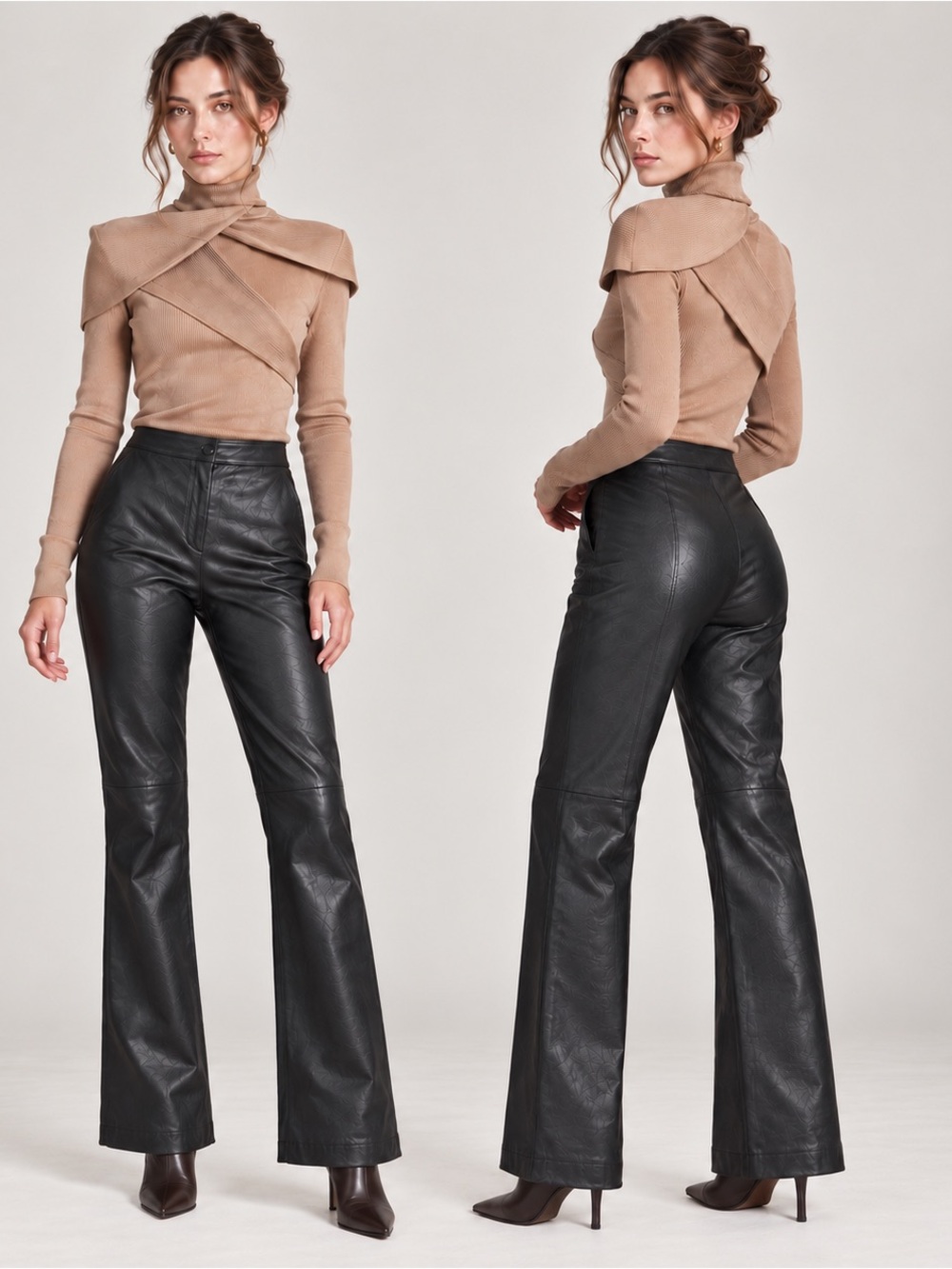 BCBGMaxAzria Genuine Leather Pants High Rise Black Quiet Luxury Bootcut Flare M